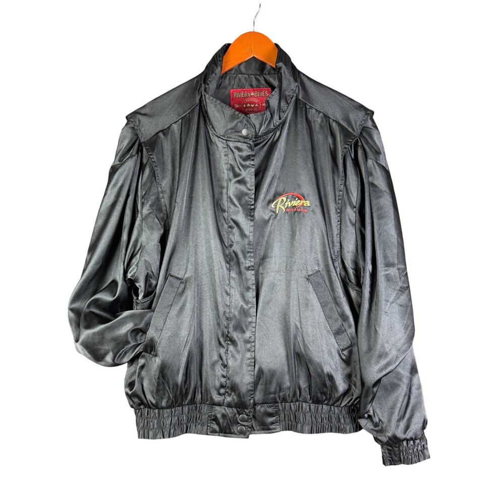 Riviera Hotel‎ + Casino Satin Jacket Vintage 80s Black Mens Medium Las Vegas EUC